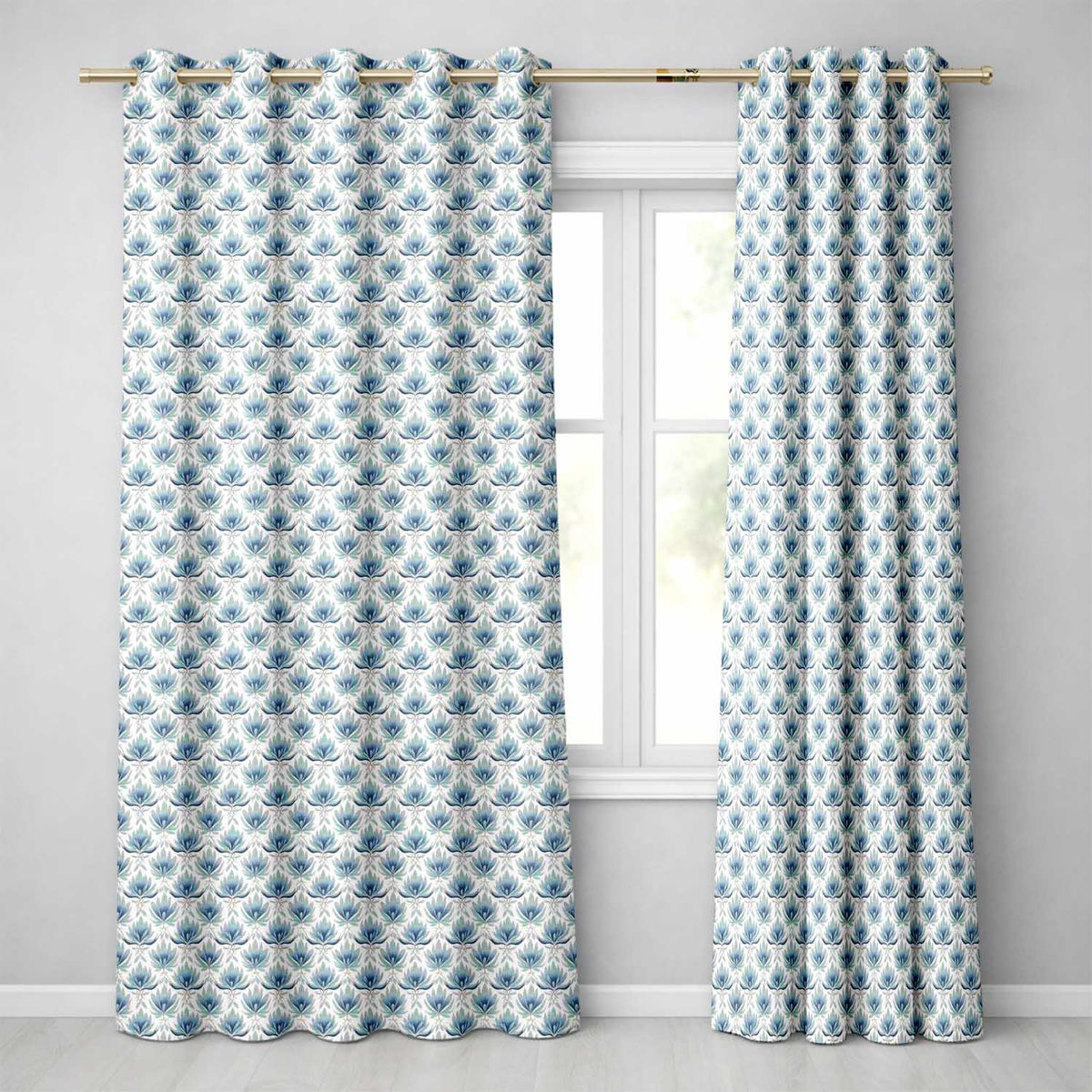 Soft Blue Lotus Style Floral Repeat Seamless Pattern  Readymade Eyelet Ring Top Thermal 100% Blackout Curtains