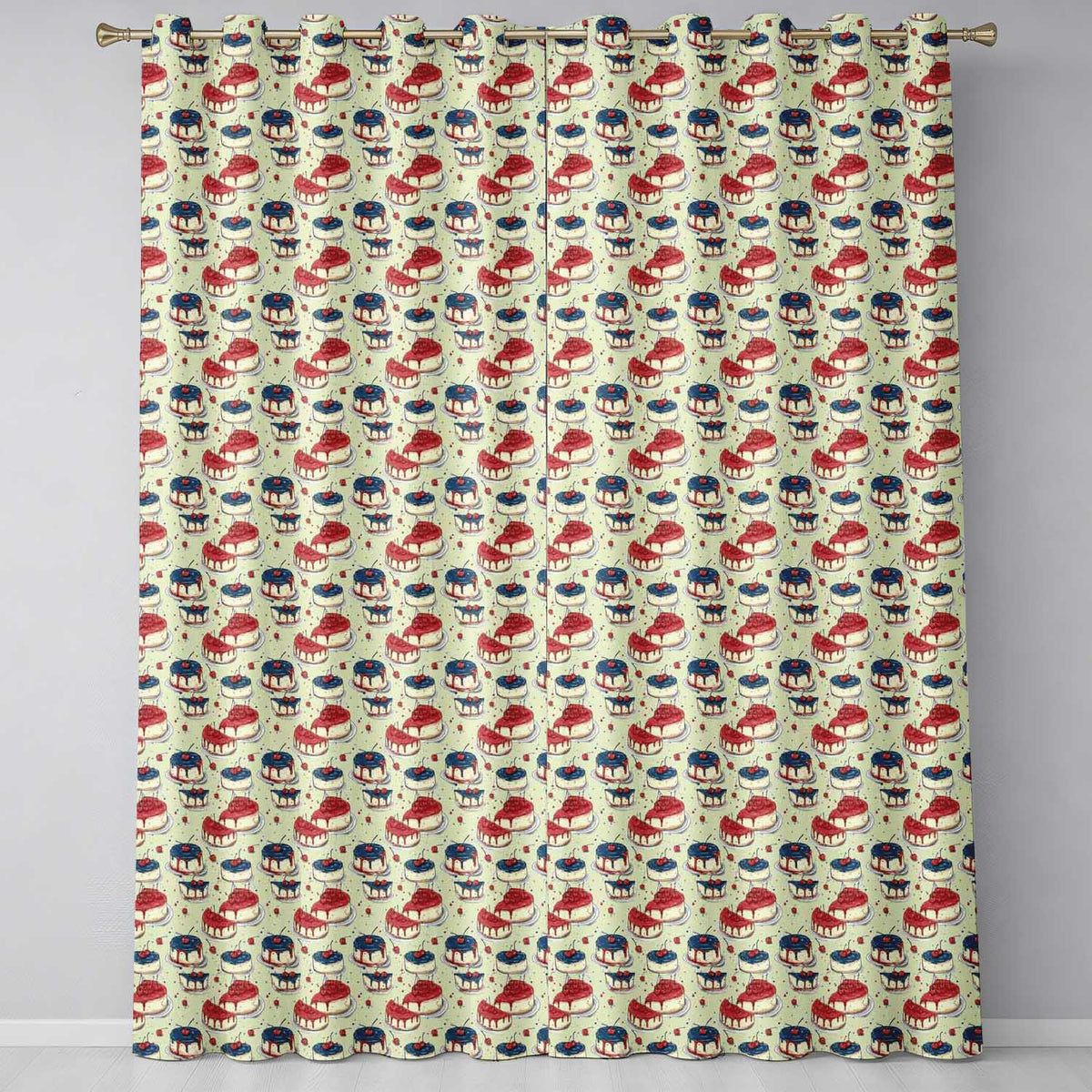 Red and Blue Glazed Cherry Cake  Dessert Seamless Pattern  Readymade Eyelet Ring Top Thermal 100% Blackout Curtains