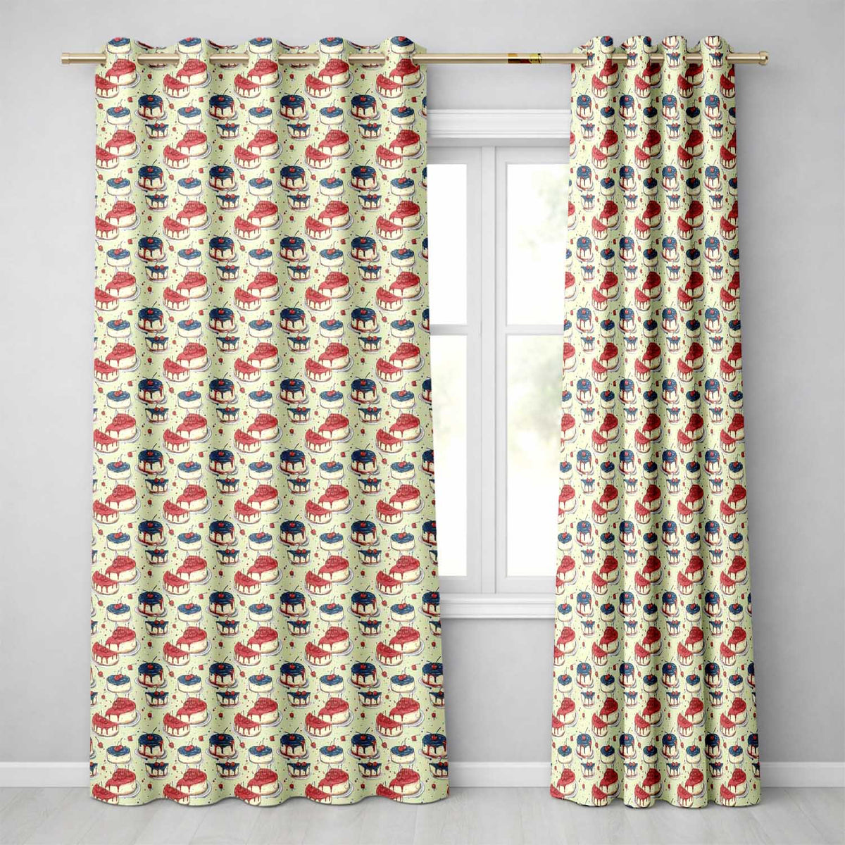 Red and Blue Glazed Cherry Cake  Dessert Seamless Pattern  Readymade Eyelet Ring Top Thermal 100% Blackout Curtains