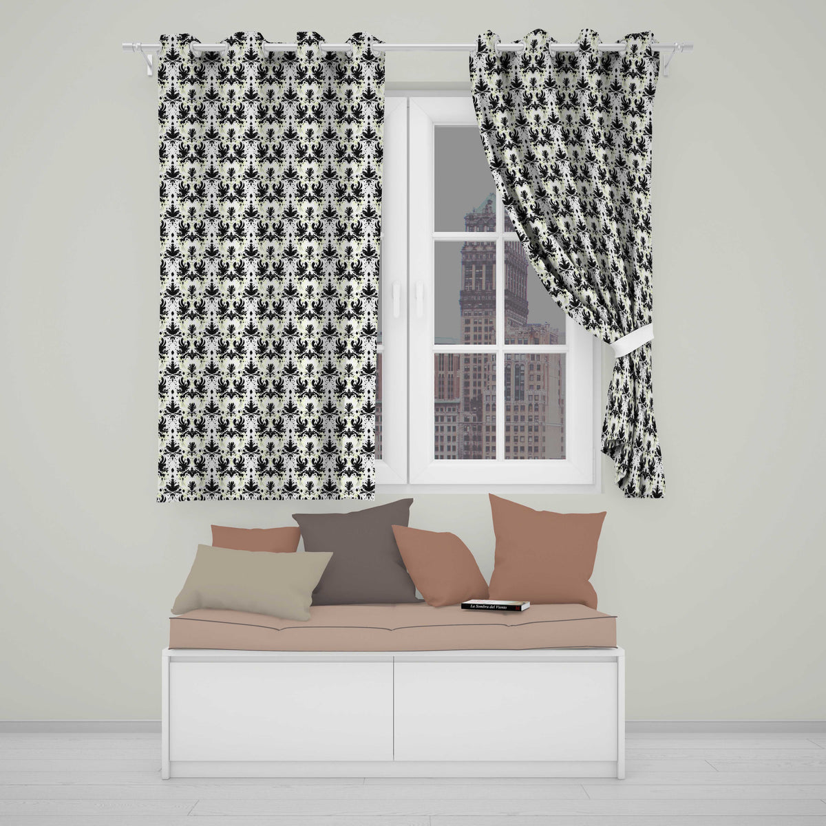 Black Damask Silhouette Ornamental Seamless Pattern  Readymade Eyelet Ring Top Thermal 100% Blackout Curtains