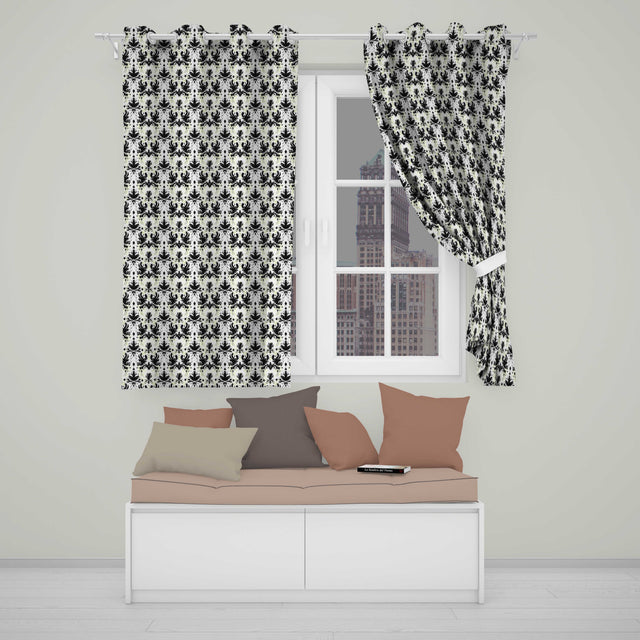 Black Damask Silhouette Ornamental Seamless Pattern  Readymade Eyelet Ring Top Thermal 100% Blackout Curtains