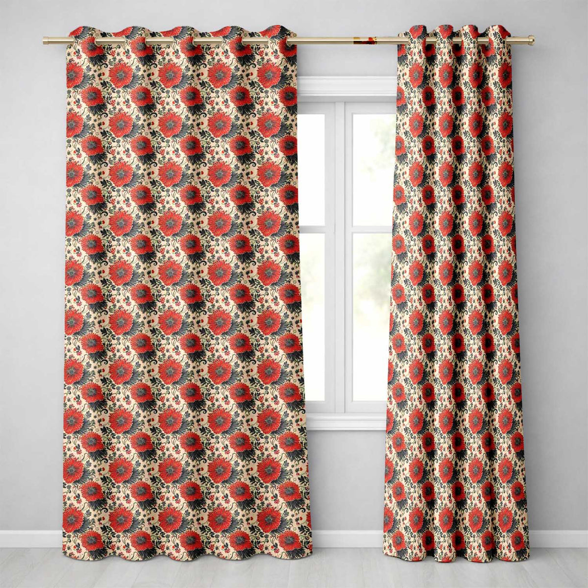 Red Floral Vintage Garden Seamless Pattern  Readymade Eyelet Ring Top Thermal 100% Blackout Curtains