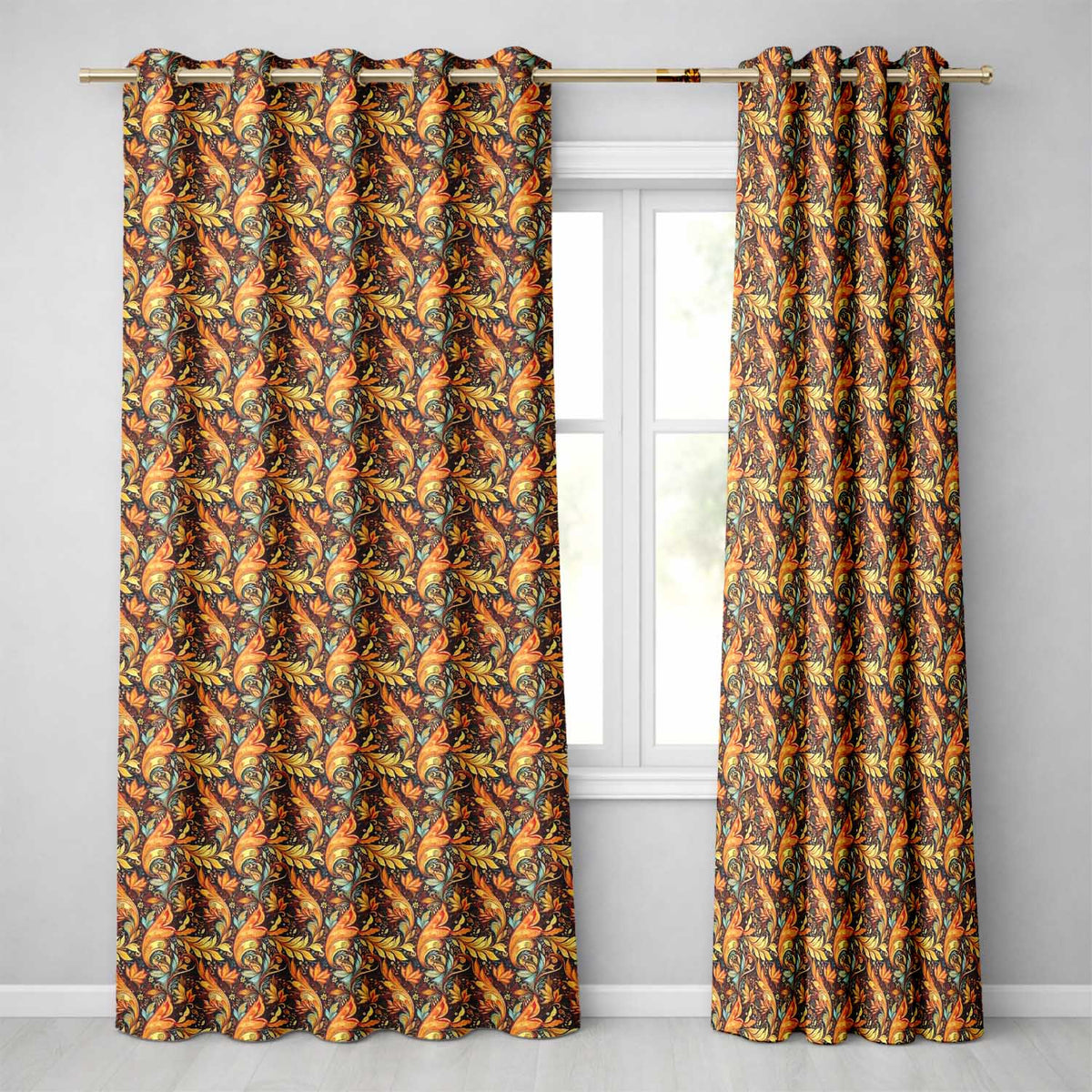 Golden Orange Ornamental Paisley Leaf Swirl Seamless Pattern  Readymade Eyelet Ring Top Thermal 100% Blackout Curtains