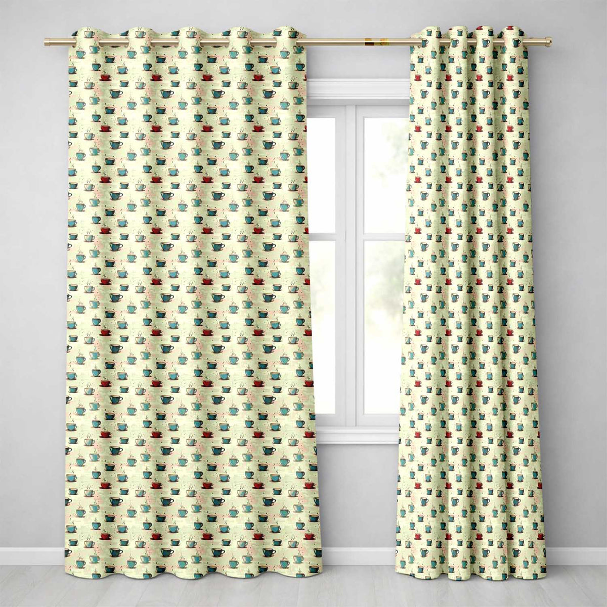 Blue Red Coffee Cups Artistic Texture Seamless Pattern  Readymade Eyelet Ring Top Thermal 100% Blackout Curtains