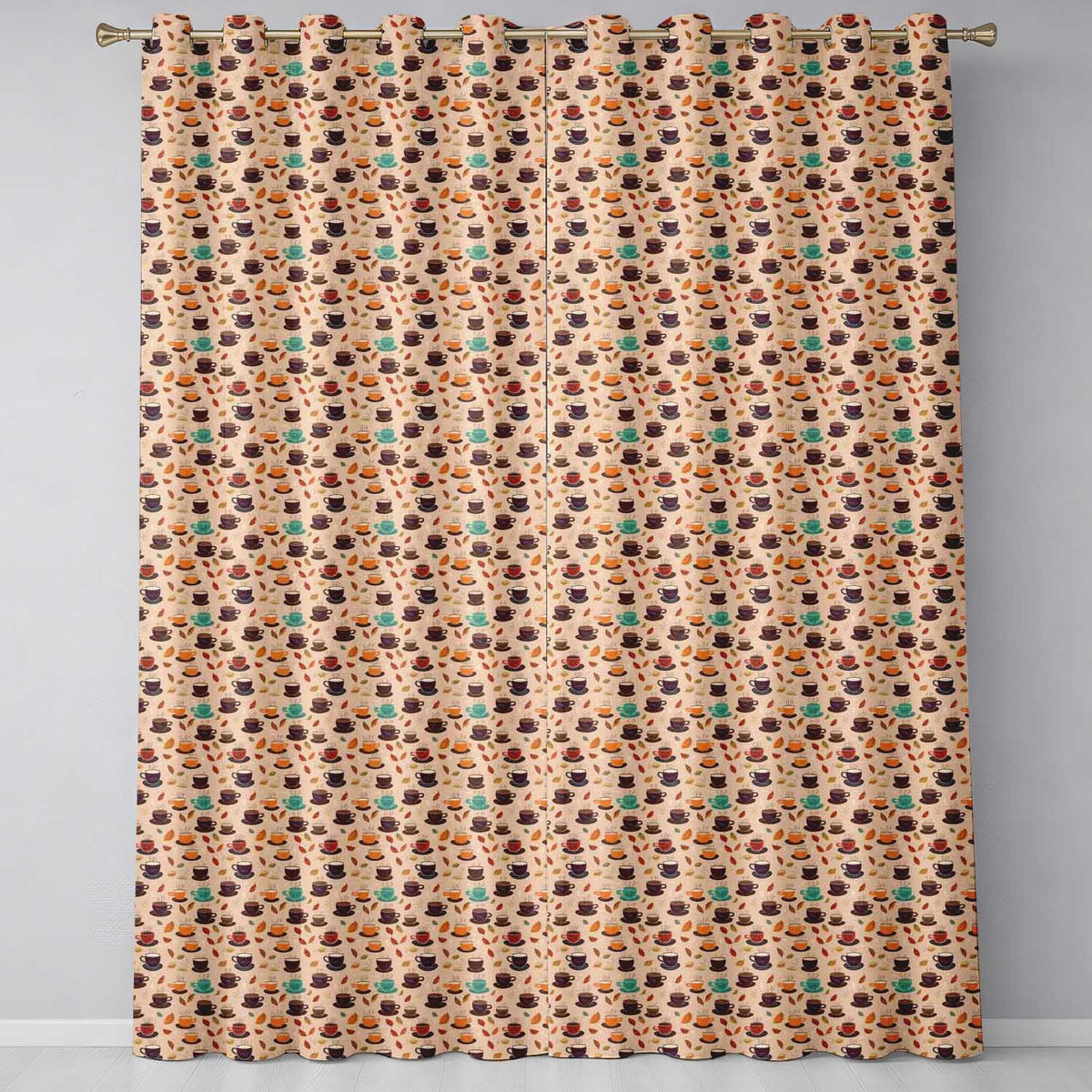 Autumn Coffee Cups with Falling Leaves Seamless Pattern  Readymade Eyelet Ring Top Thermal 100% Blackout Curtains