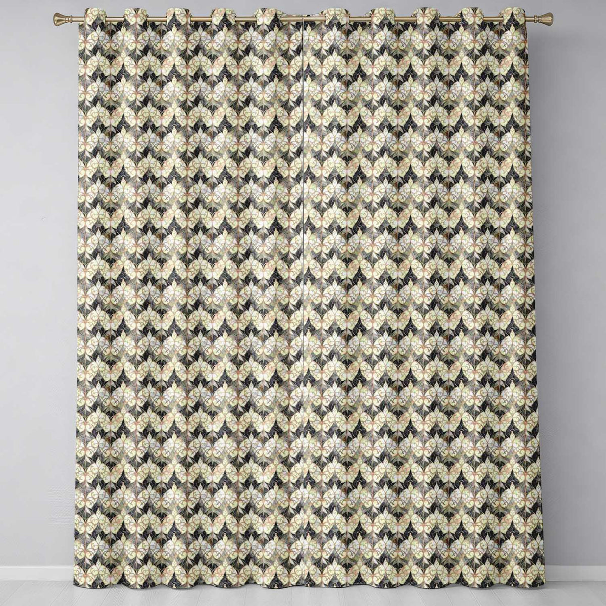 Elegant Vintage Damask Floral Beige and Charcoal Seamless Pattern  Readymade Eyelet Ring Top Thermal 100% Blackout Curtains