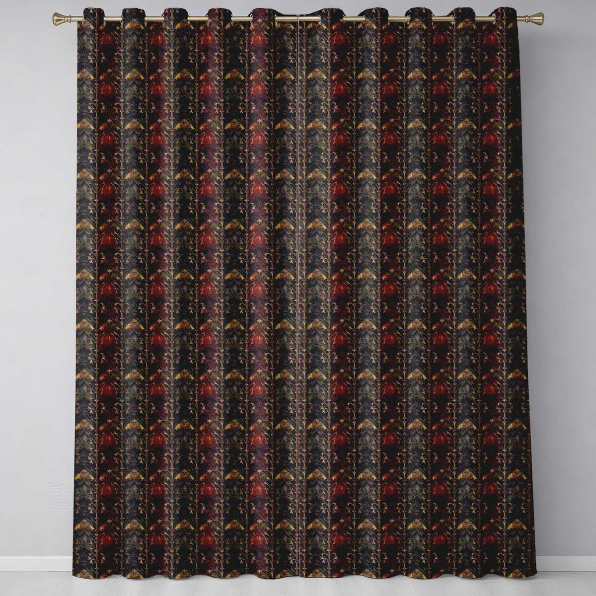 Dark Gothic Ornamental Floral Red Gold and Charcoal Seamless Pattern  Readymade Eyelet Ring Top Thermal 100% Blackout Curtains