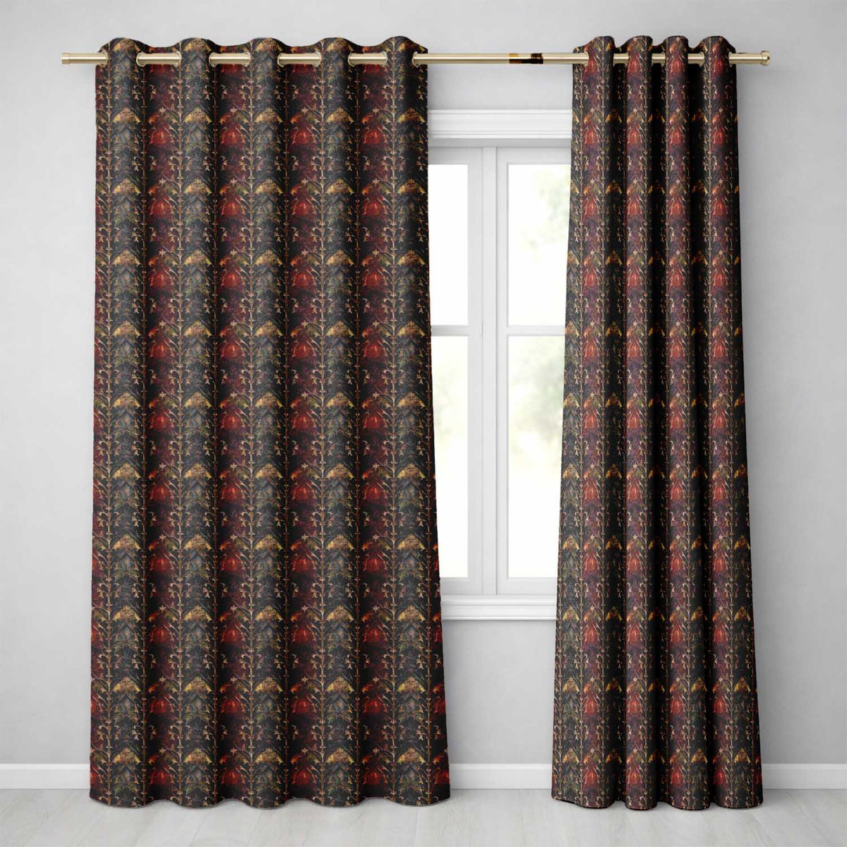 Dark Gothic Ornamental Floral Red Gold and Charcoal Seamless Pattern  Readymade Eyelet Ring Top Thermal 100% Blackout Curtains