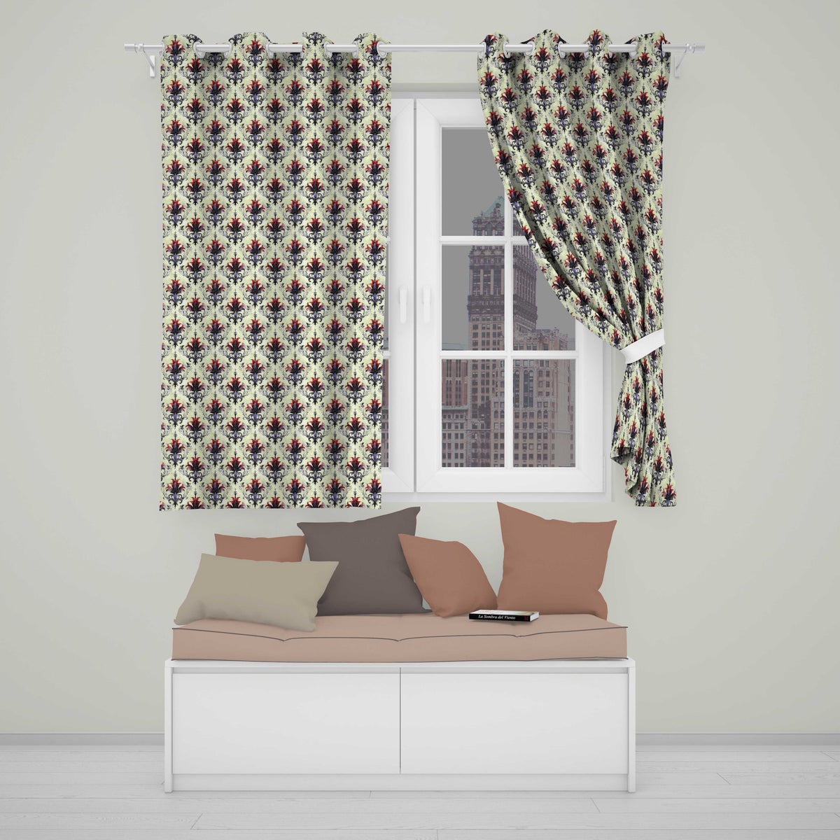 Vintage Floral Damask Red and Purple on Cream Seamless Pattern  Readymade Eyelet Ring Top Thermal 100% Blackout Curtains
