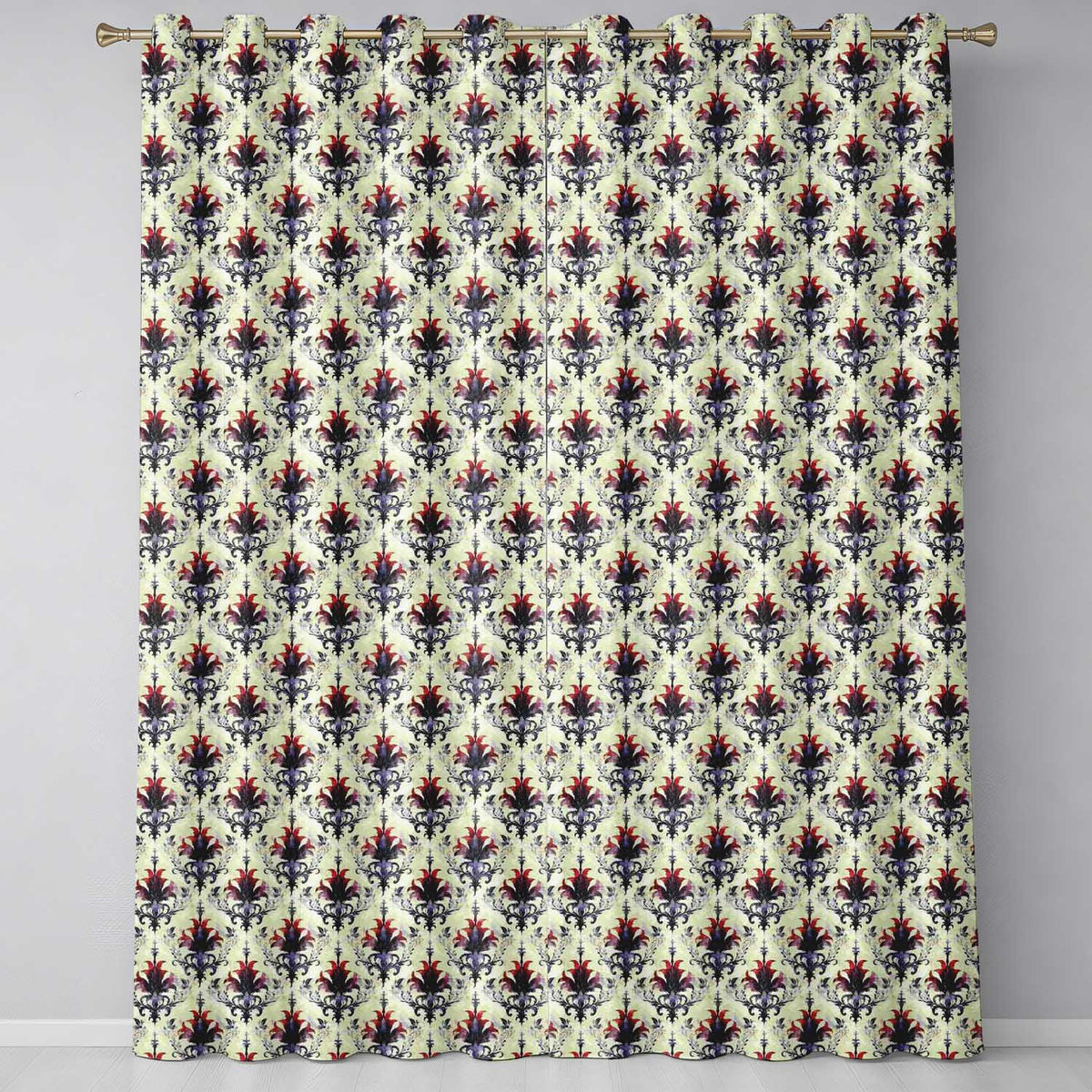 Vintage Floral Damask Red and Purple on Cream Seamless Pattern  Readymade Eyelet Ring Top Thermal 100% Blackout Curtains