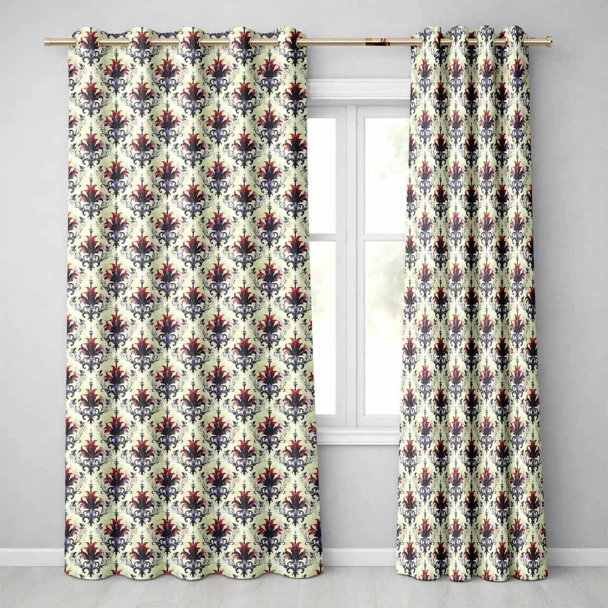 Vintage Floral Damask Red and Purple on Cream Seamless Pattern  Readymade Eyelet Ring Top Thermal 100% Blackout Curtains