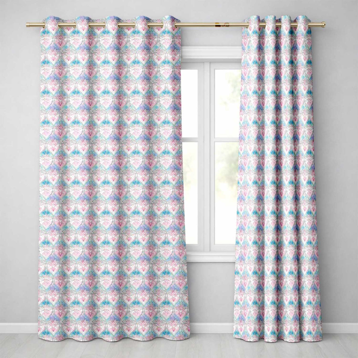 Pastel Art Nouveau Floral Soft Pink and Blue Seamless Pattern  Readymade Eyelet Ring Top Thermal 100% Blackout Curtains