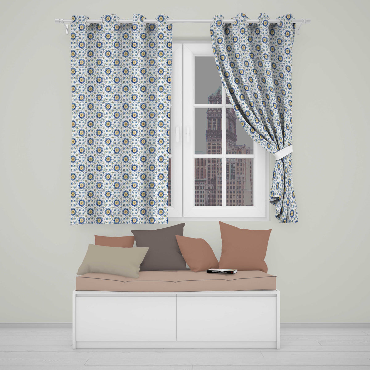 Traditional Blue Floral Vine Pattern Cream Background Seamless Pattern  Readymade Eyelet Ring Top Thermal 100% Blackout Curtains