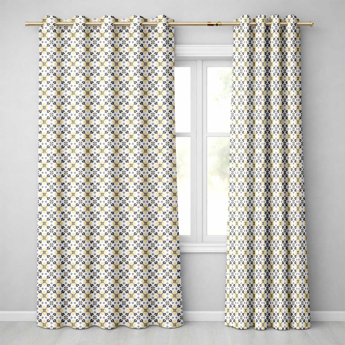 Stylish Black Gold Floral Tile Motif Seamless Pattern  Readymade Eyelet Ring Top Thermal 100% Blackout Curtains