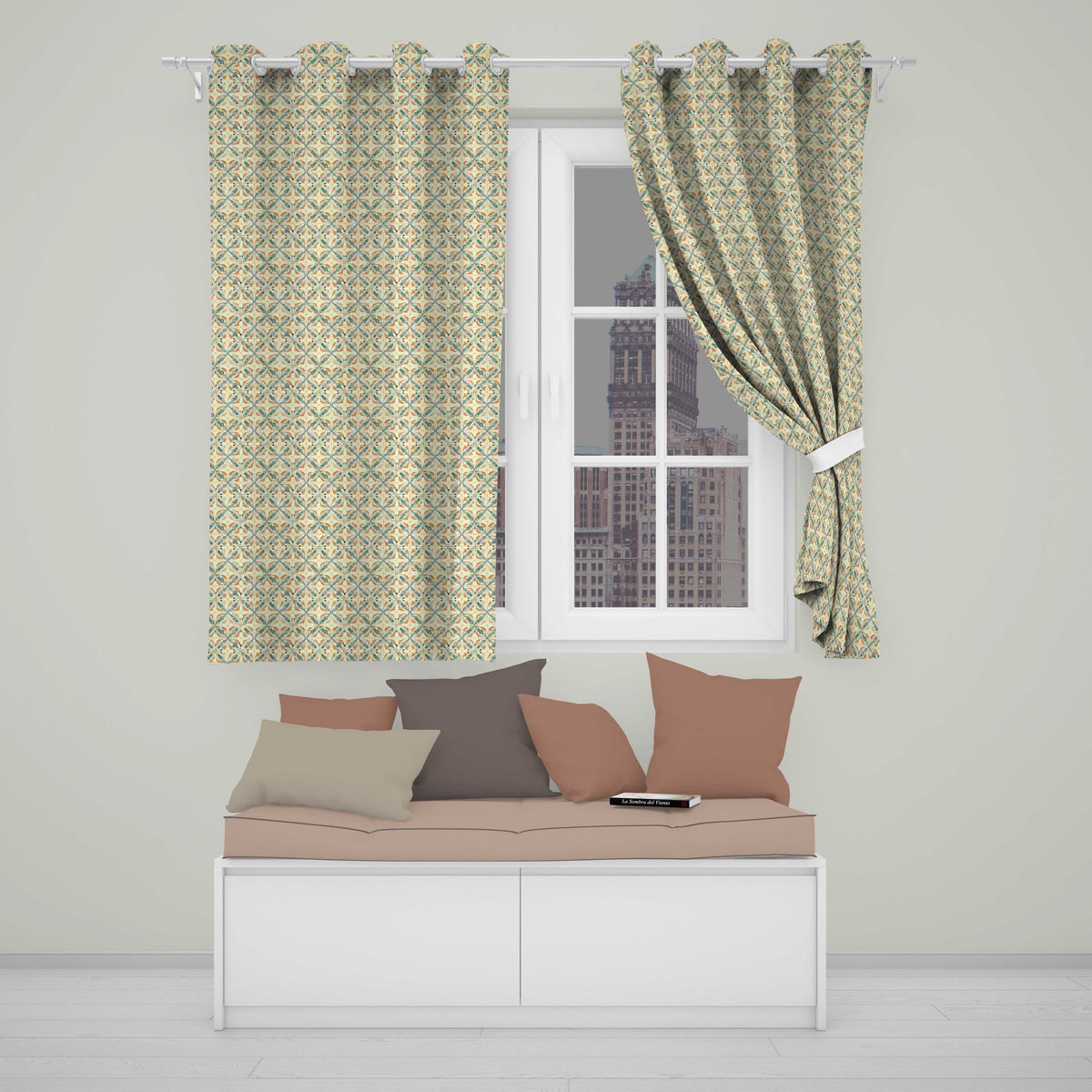 Orange Teal Geometric Floral Tile Seamless Pattern  Readymade Eyelet Ring Top Thermal 100% Blackout Curtains