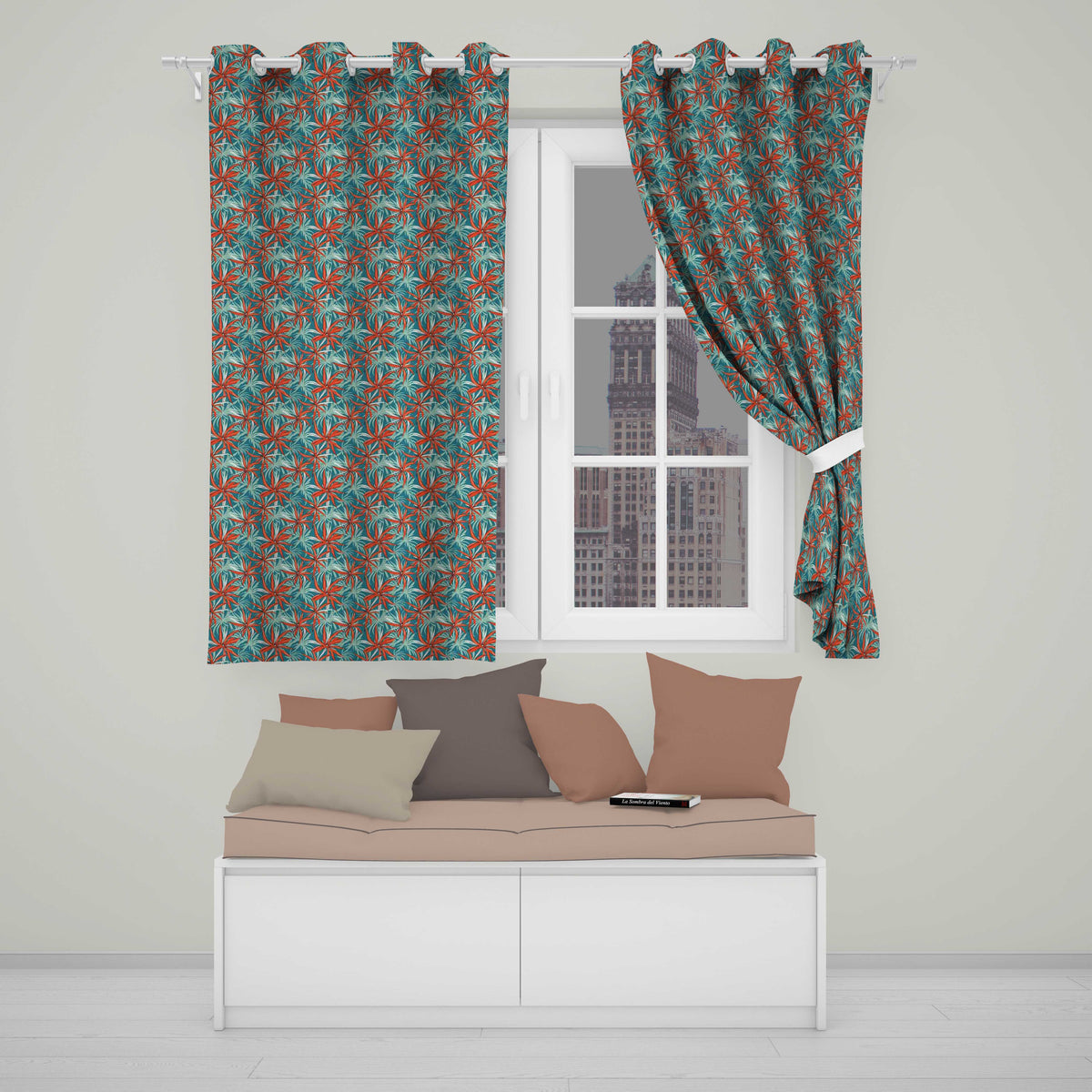 Bold Red Floral Starburst Teal Background Seamless Pattern  Readymade Eyelet Ring Top Thermal 100% Blackout Curtains