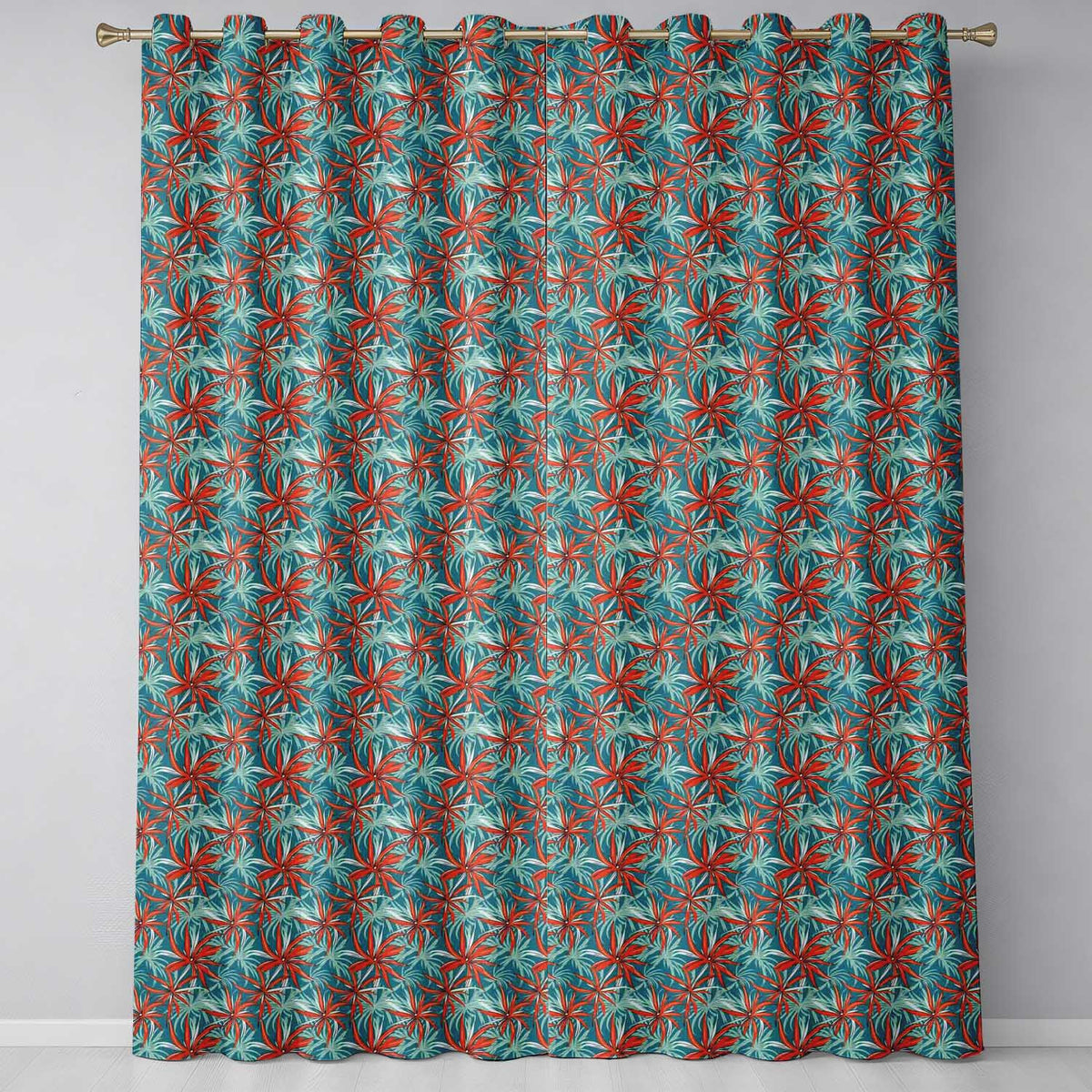 Bold Red Floral Starburst Teal Background Seamless Pattern  Readymade Eyelet Ring Top Thermal 100% Blackout Curtains