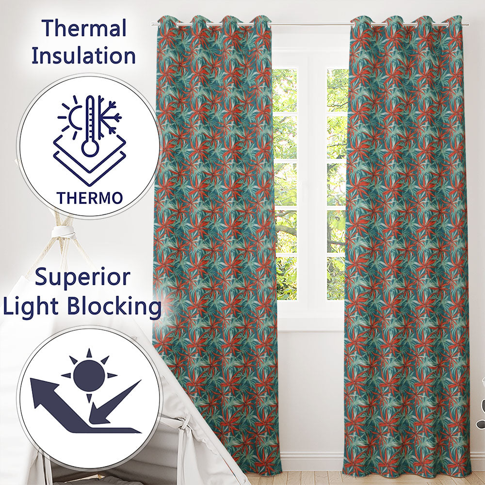 Bold Red Floral Starburst Teal Background Seamless Pattern  Readymade Eyelet Ring Top Thermal 100% Blackout Curtains
