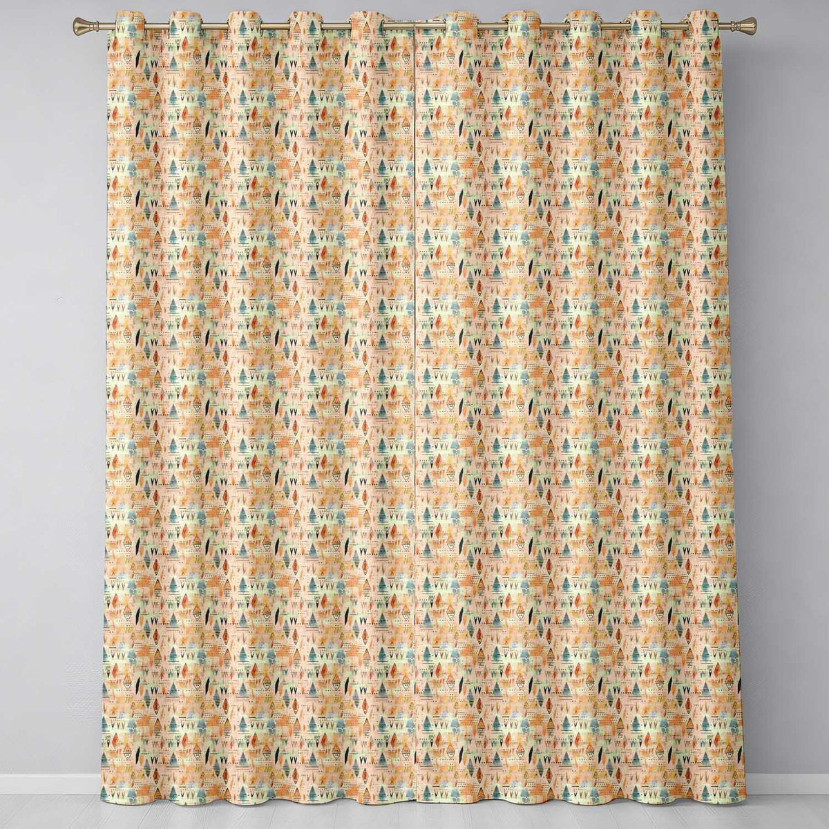 Abstract Tribal Symbols Soft Blue Orange Watercolor Seamless Pattern  Readymade Eyelet Ring Top Thermal 100% Blackout Curtains