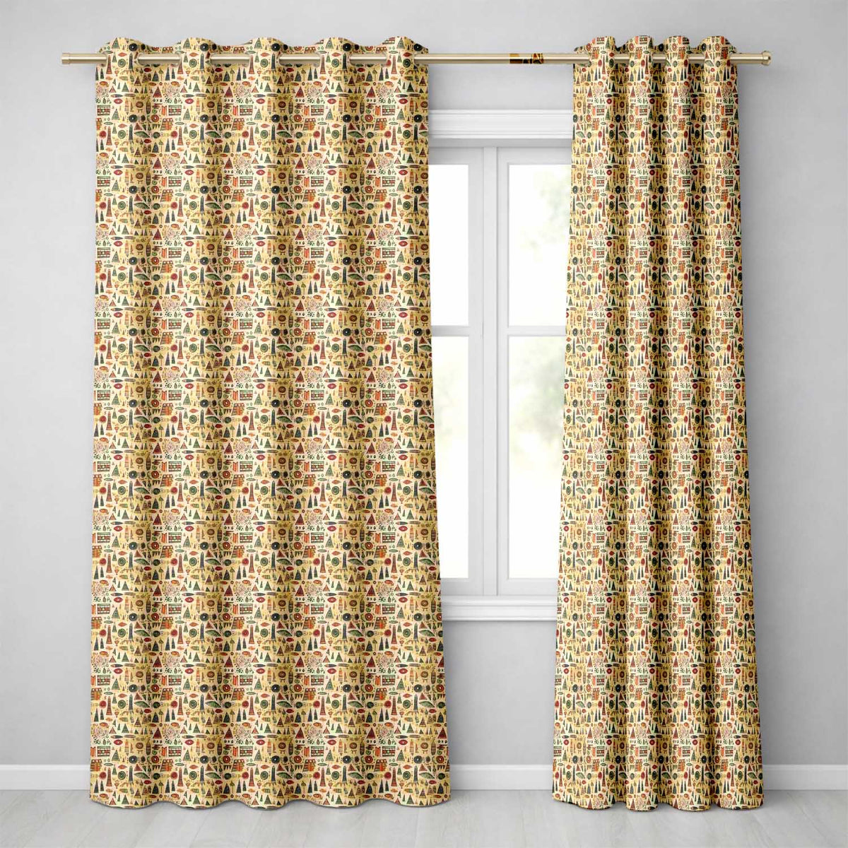 Earthy Tribal Symbols Hand Drawn Ethnic Seamless Pattern  Readymade Eyelet Ring Top Thermal 100% Blackout Curtains