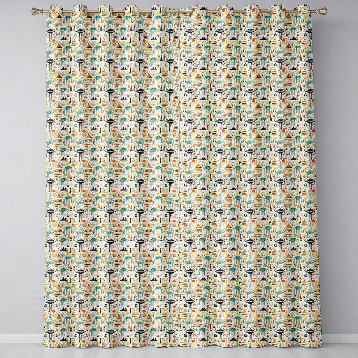 Whimsical Tribal Village Houses TreesAbstract Landscape Seamless Pattern  Readymade Eyelet Ring Top Thermal 100% Blackout Curtains