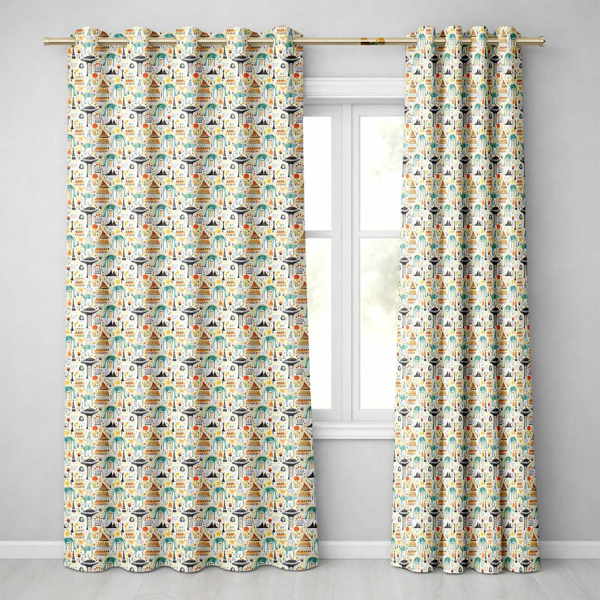 Whimsical Tribal Village Houses TreesAbstract Landscape Seamless Pattern  Readymade Eyelet Ring Top Thermal 100% Blackout Curtains