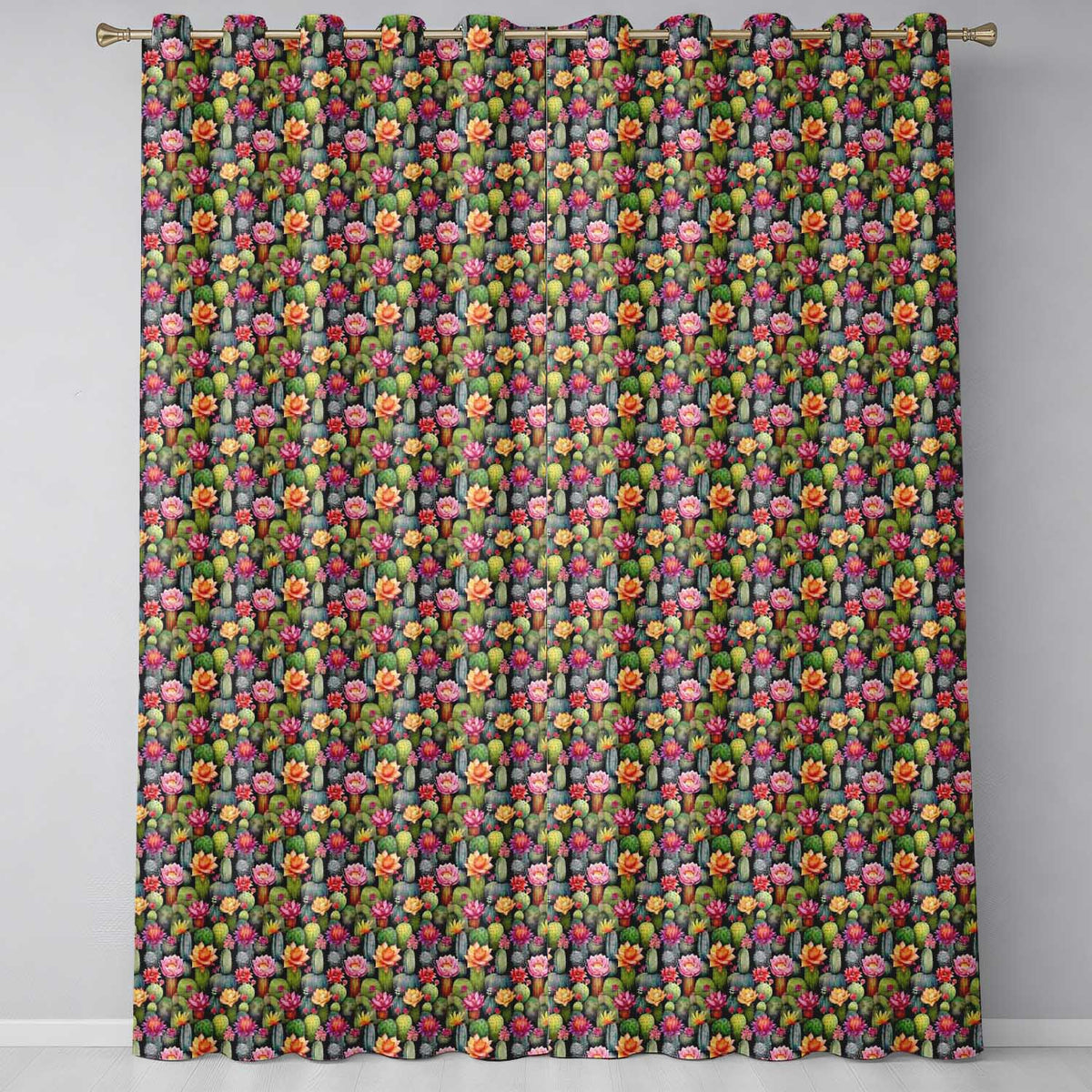 Vibrant Blooming Cactus Desert Garden Dark Background Seamless Pattern  Readymade Eyelet Ring Top Thermal 100% Blackout Curtains