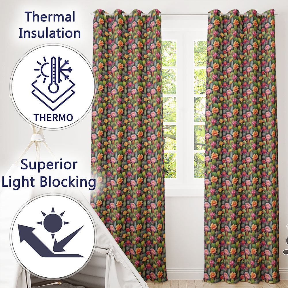 Vibrant Blooming Cactus Desert Garden Dark Background Seamless Pattern  Readymade Eyelet Ring Top Thermal 100% Blackout Curtains