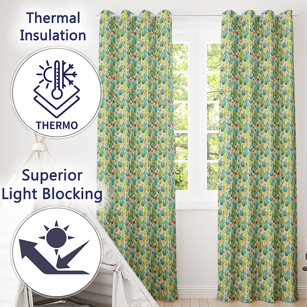 Colorful Desert Cactus Garden Watercolor Botanical Seamless Pattern  Readymade Eyelet Ring Top Thermal 100% Blackout Curtains