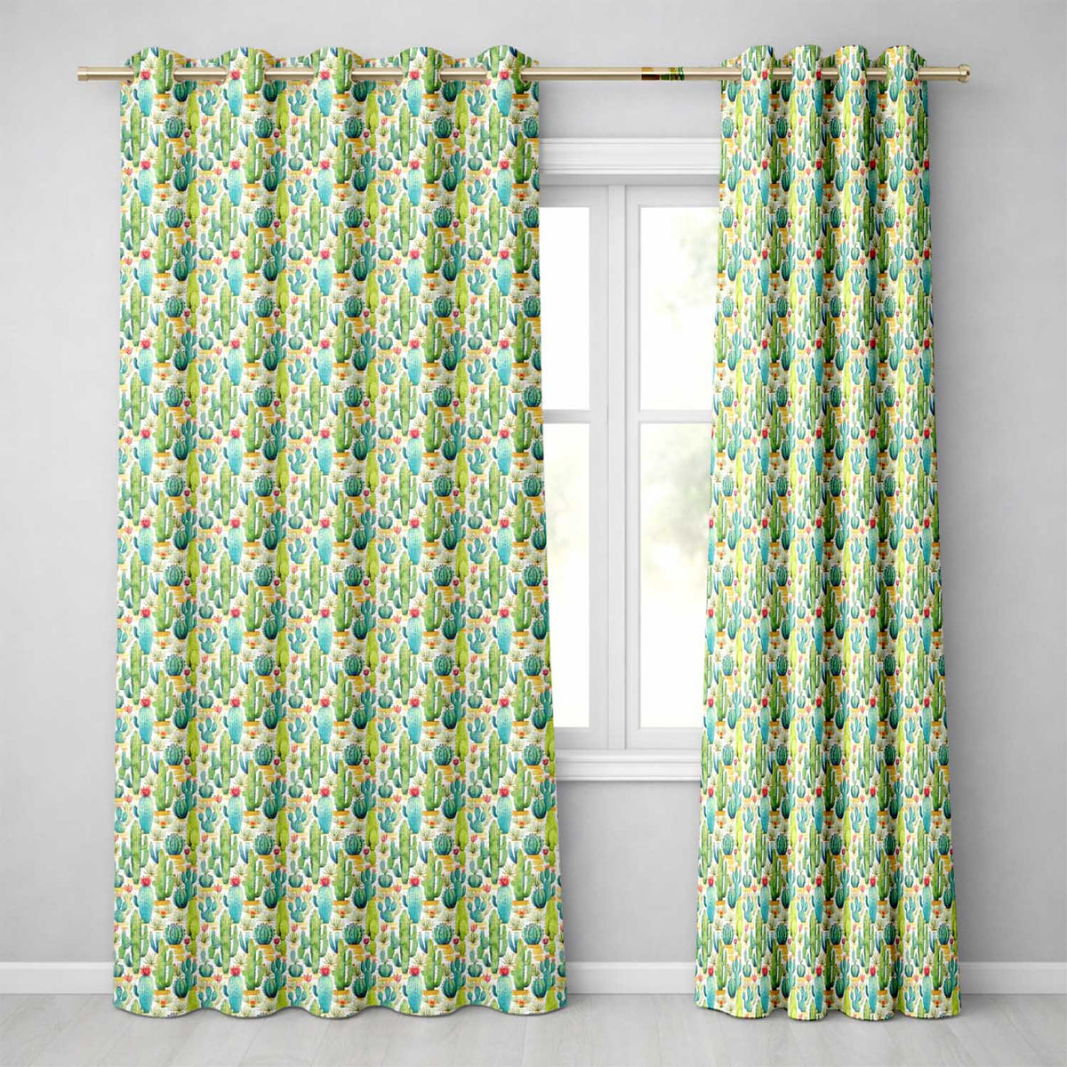 Colorful Desert Cactus Garden Watercolor Botanical Seamless Pattern  Readymade Eyelet Ring Top Thermal 100% Blackout Curtains