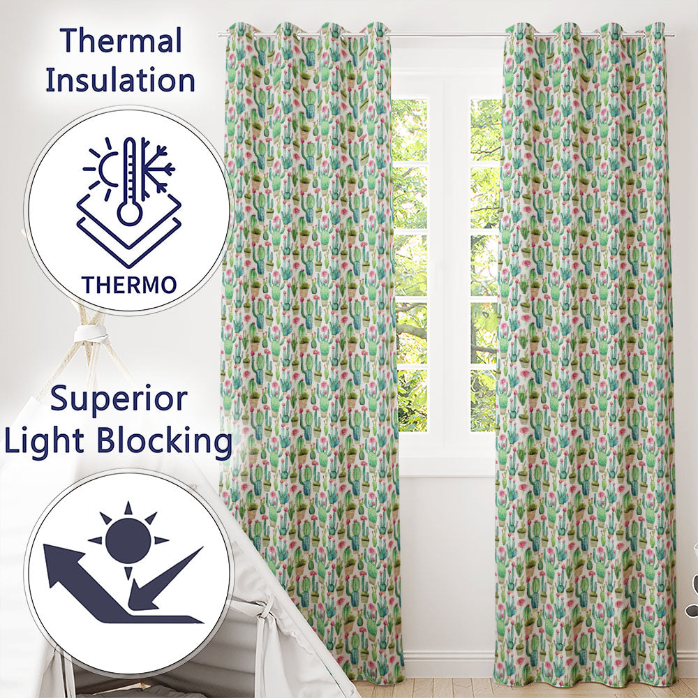 Fresh Green Cactus with Pink Flowers Watercolor Seamless Pattern  Readymade Eyelet Ring Top Thermal 100% Blackout Curtains