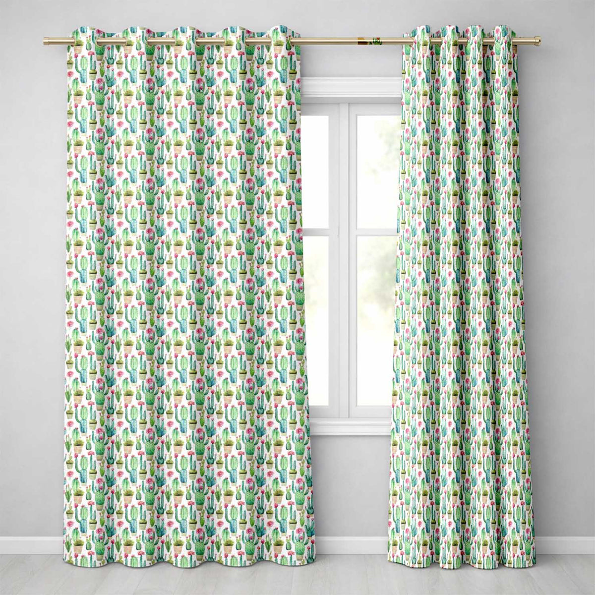 Fresh Green Cactus with Pink Flowers Watercolor Seamless Pattern  Readymade Eyelet Ring Top Thermal 100% Blackout Curtains