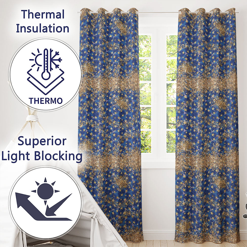 Blue Galaxy Gold Star Glitter Seamless Pattern  Readymade Eyelet Ring Top Thermal 100% Blackout Curtains