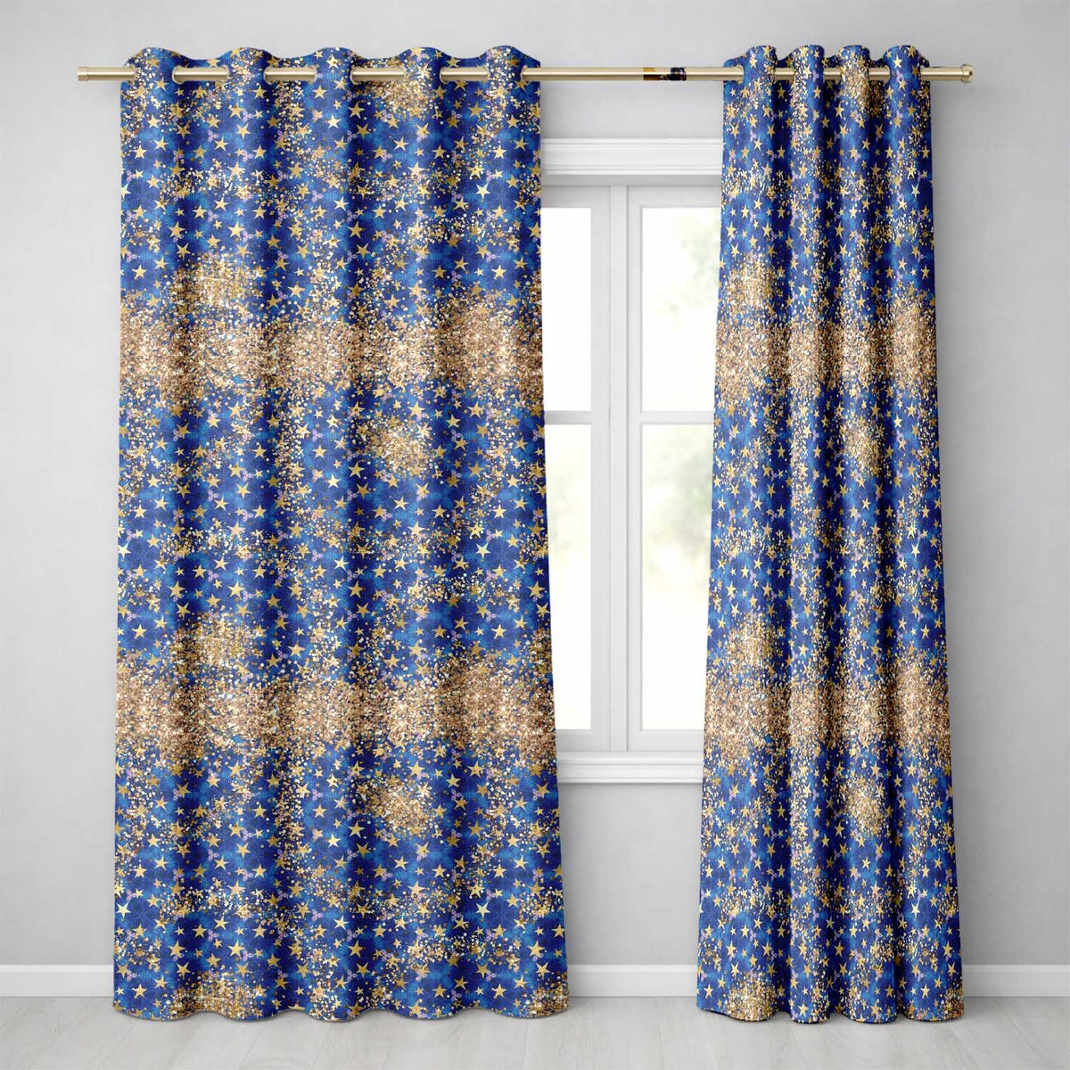 Blue Galaxy Gold Star Glitter Seamless Pattern  Readymade Eyelet Ring Top Thermal 100% Blackout Curtains