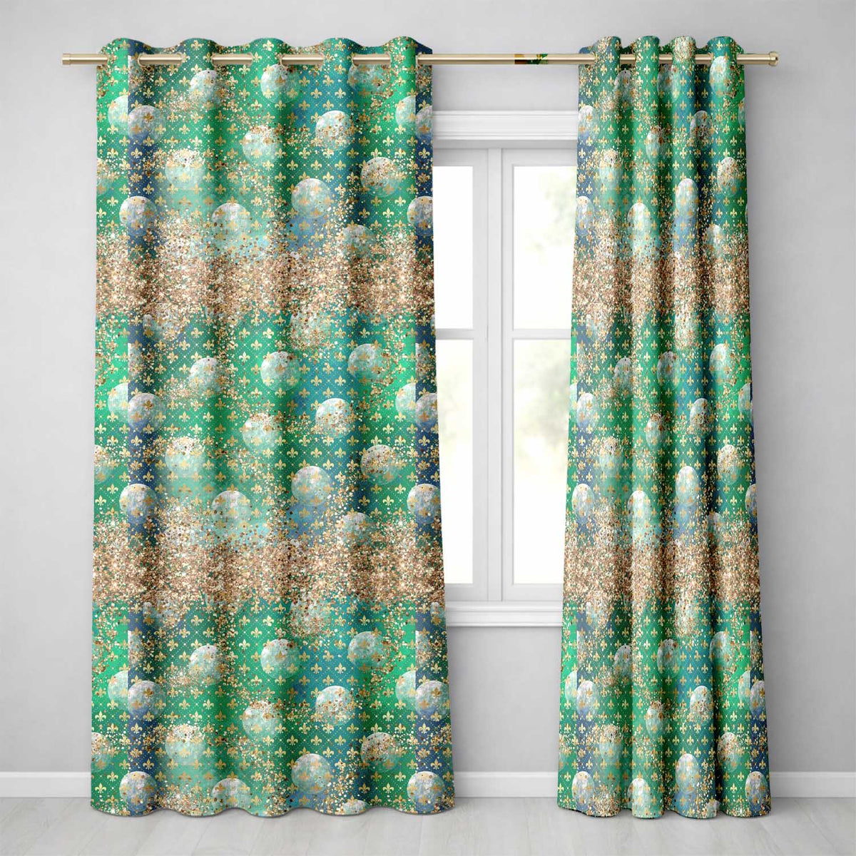 Teal Gold Fleur De Lis Ornament Seamless Pattern  Readymade Eyelet Ring Top Thermal 100% Blackout Curtains