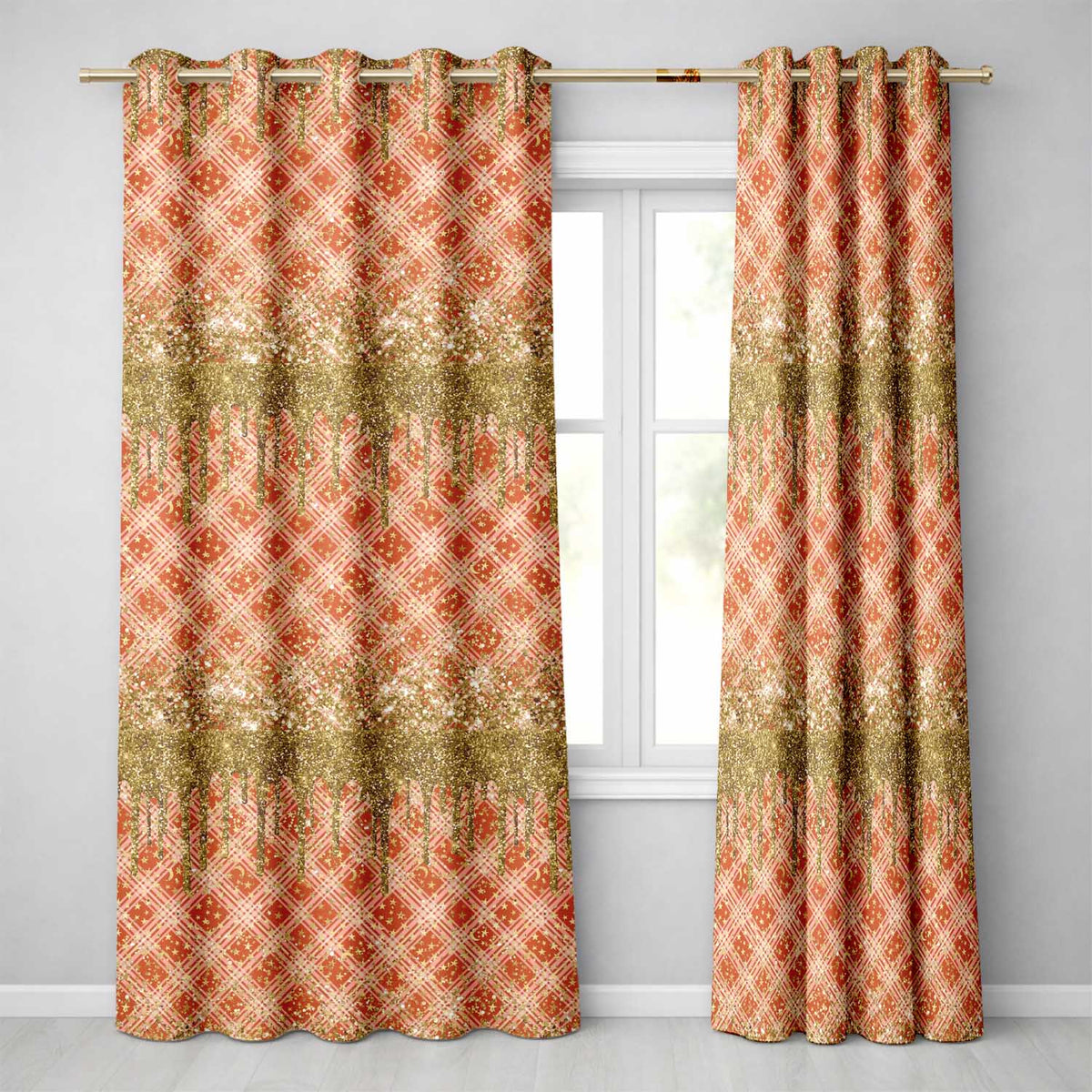 Gold Glitter Drip Red Plaid Star Seamless Pattern  Readymade Eyelet Ring Top Thermal 100% Blackout Curtains