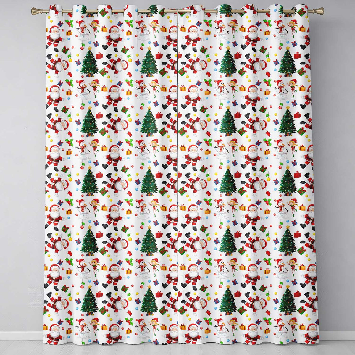 Santa Snowman Christmas Tree Gift Seamless Pattern  Readymade Eyelet Ring Top Thermal 100% Blackout Curtains