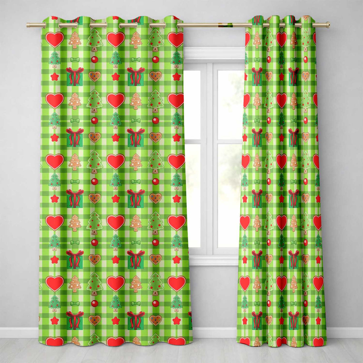 Cute Christmas Tree Gift Heart Plaid Seamless Pattern  Readymade Eyelet Ring Top Thermal 100% Blackout Curtains