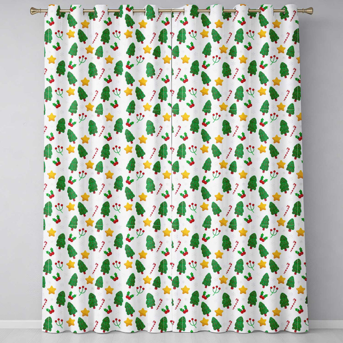 Cute Christmas Tree Candy Cane Star Holly Seamless Pattern  Readymade Eyelet Ring Top Thermal 100% Blackout Curtains