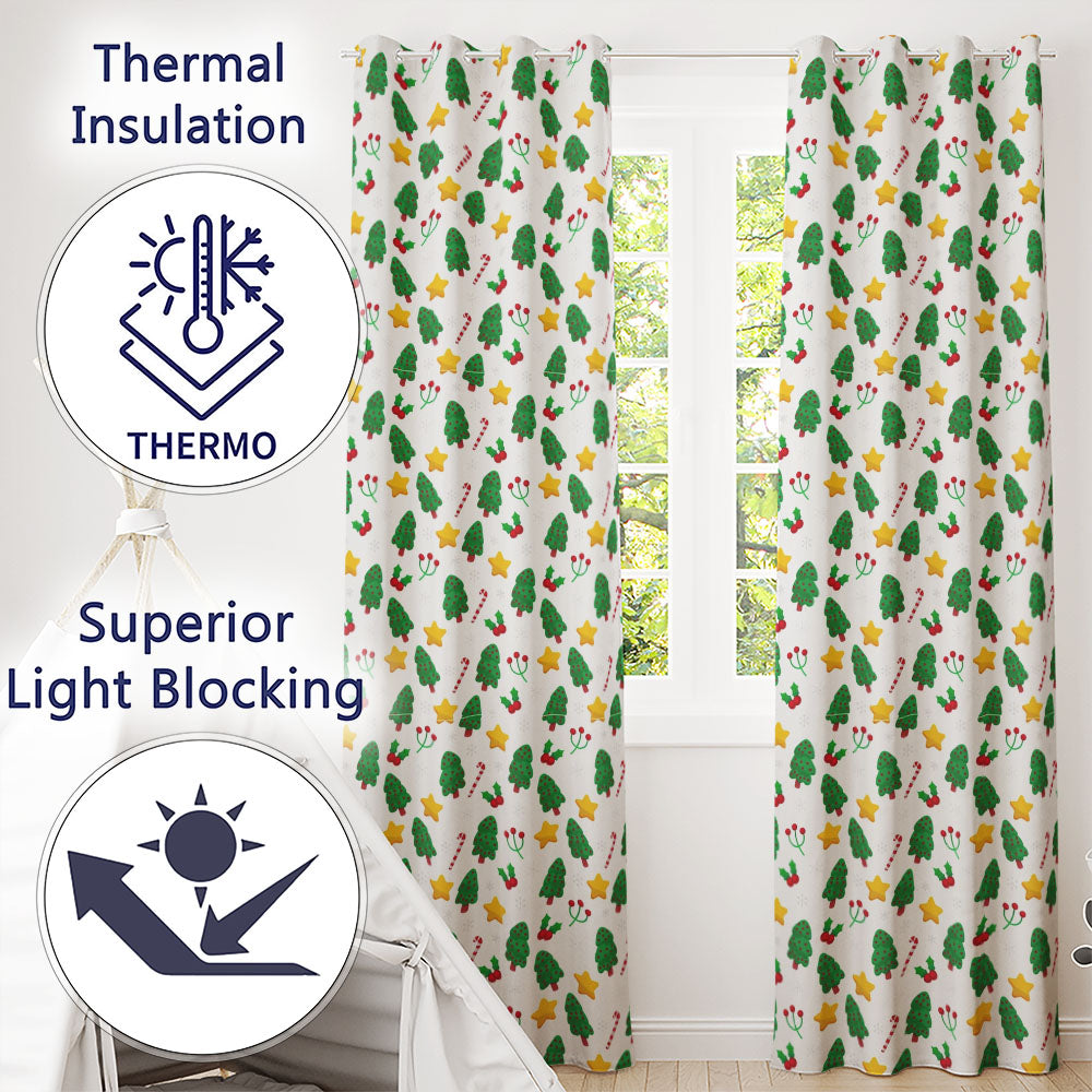 Cute Christmas Tree Candy Cane Star Holly Seamless Pattern  Readymade Eyelet Ring Top Thermal 100% Blackout Curtains