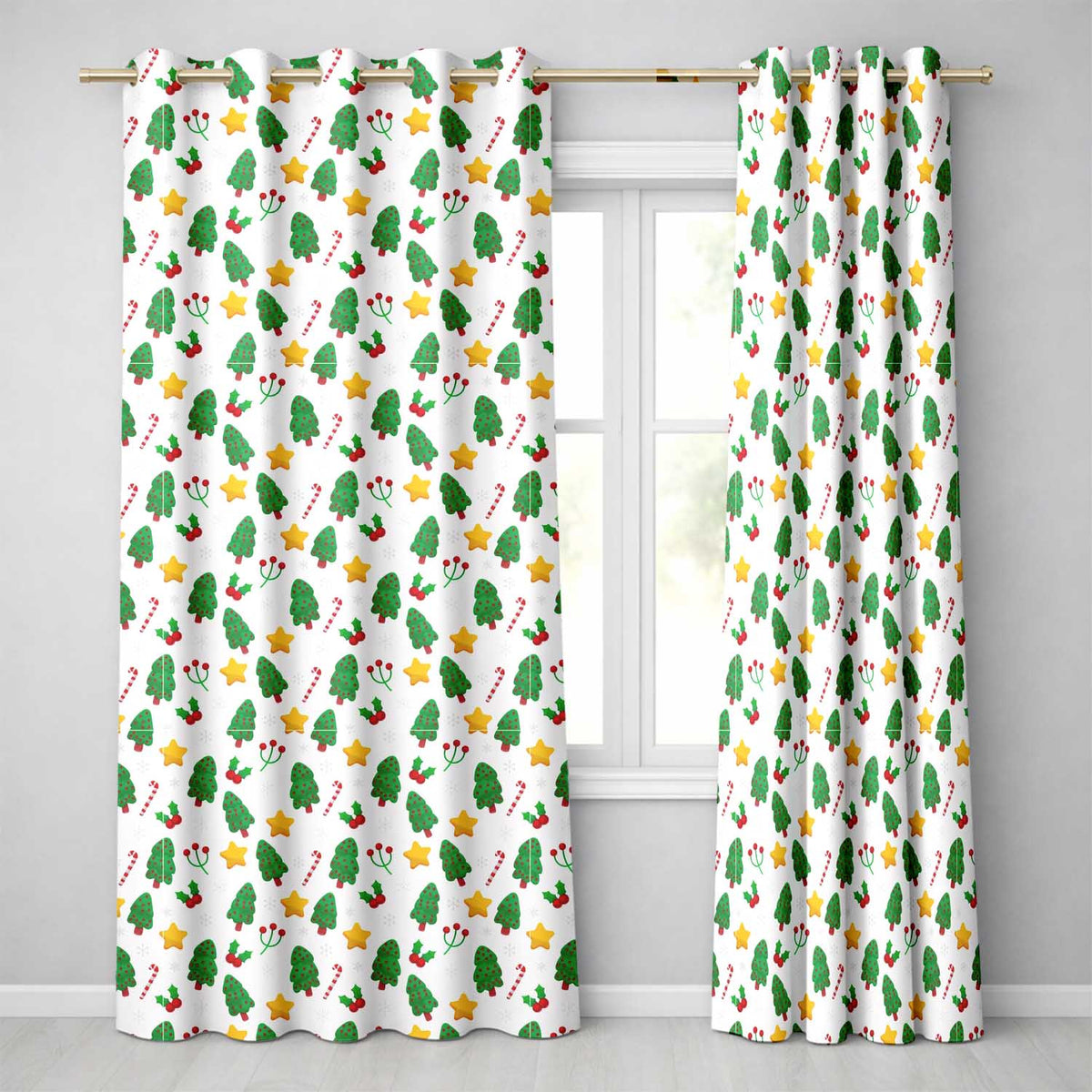 Cute Christmas Tree Candy Cane Star Holly Seamless Pattern  Readymade Eyelet Ring Top Thermal 100% Blackout Curtains