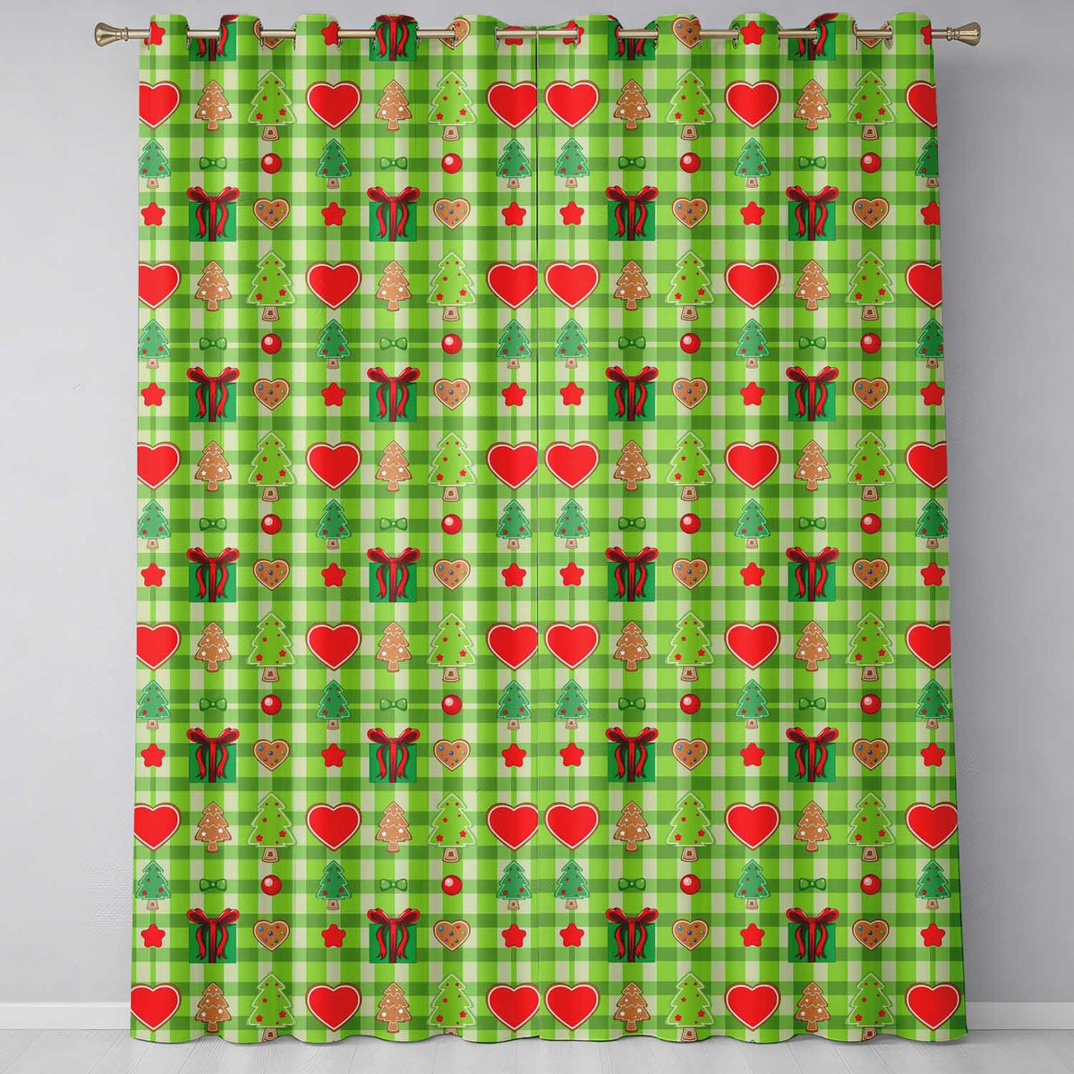 Cute Christmas Trees Hearts Gifts Green Plaid Seamless Pattern  Readymade Eyelet Ring Top Thermal 100% Blackout Curtains