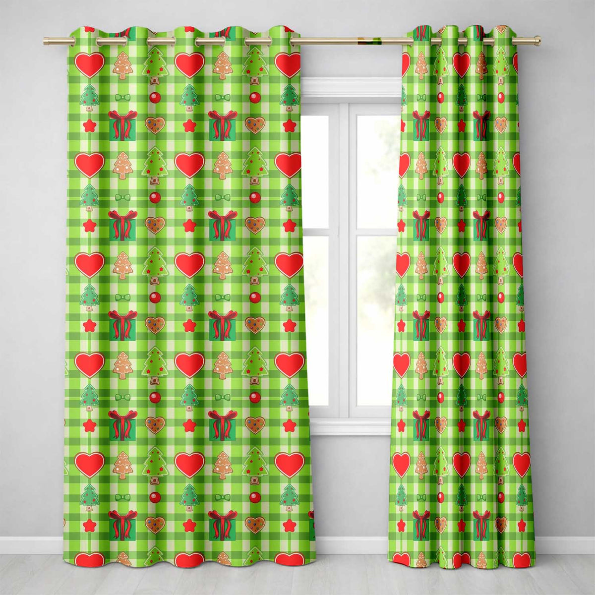 Cute Christmas Trees Hearts Gifts Green Plaid Seamless Pattern  Readymade Eyelet Ring Top Thermal 100% Blackout Curtains