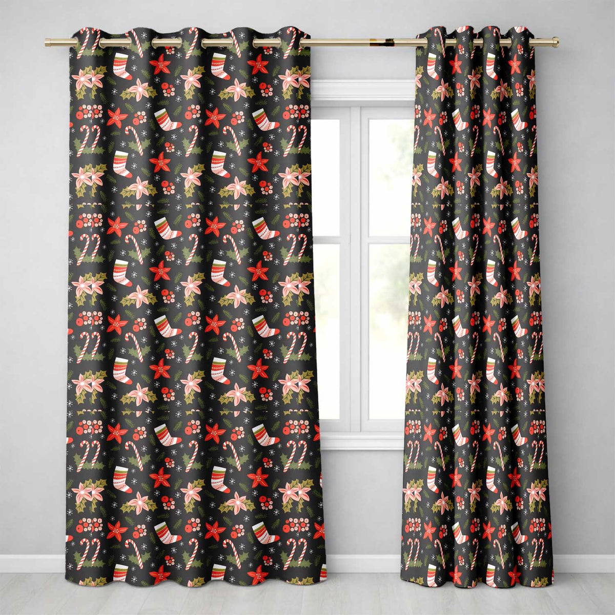 Cute Christmas Stockings Candy Canes Holly Floral Seamless Pattern  Readymade Eyelet Ring Top Thermal 100% Blackout Curtains
