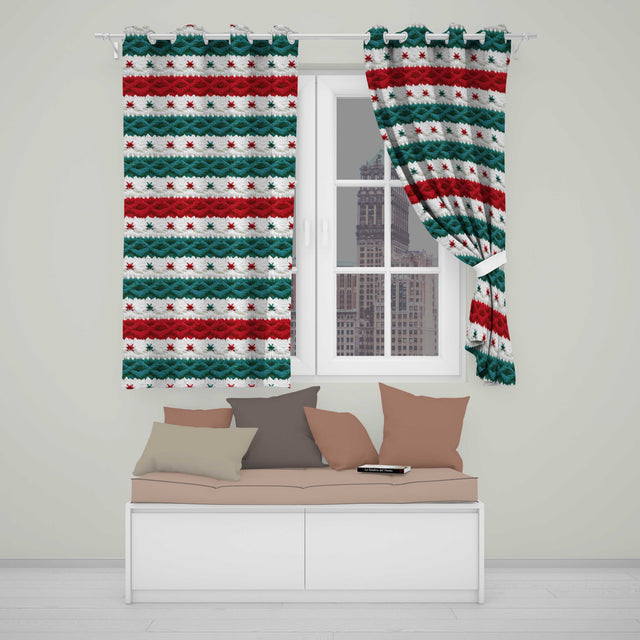 Cute Festive Knitted Texture Red Green White Cozy Seamless Pattern  Readymade Eyelet Ring Top Thermal 100% Blackout Curtains