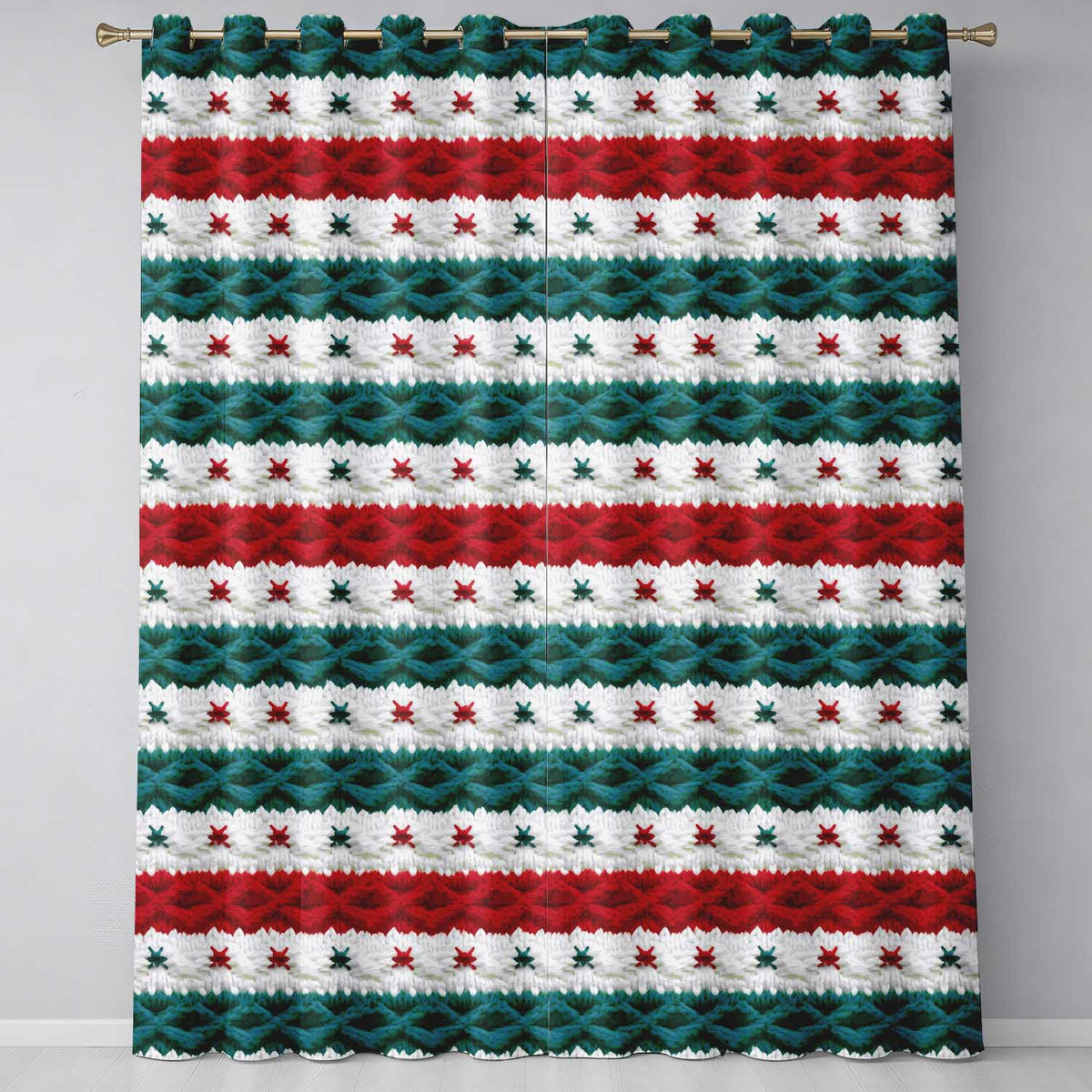 Cute Festive Knitted Texture Red Green White Cozy Seamless Pattern  Readymade Eyelet Ring Top Thermal 100% Blackout Curtains