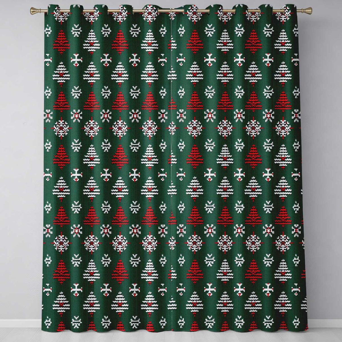 Cute Green Knitted Christmas Tree Reindeer Snowflake Nordic Seamless Pattern  Readymade Eyelet Ring Top Thermal 100% Blackout Curtains