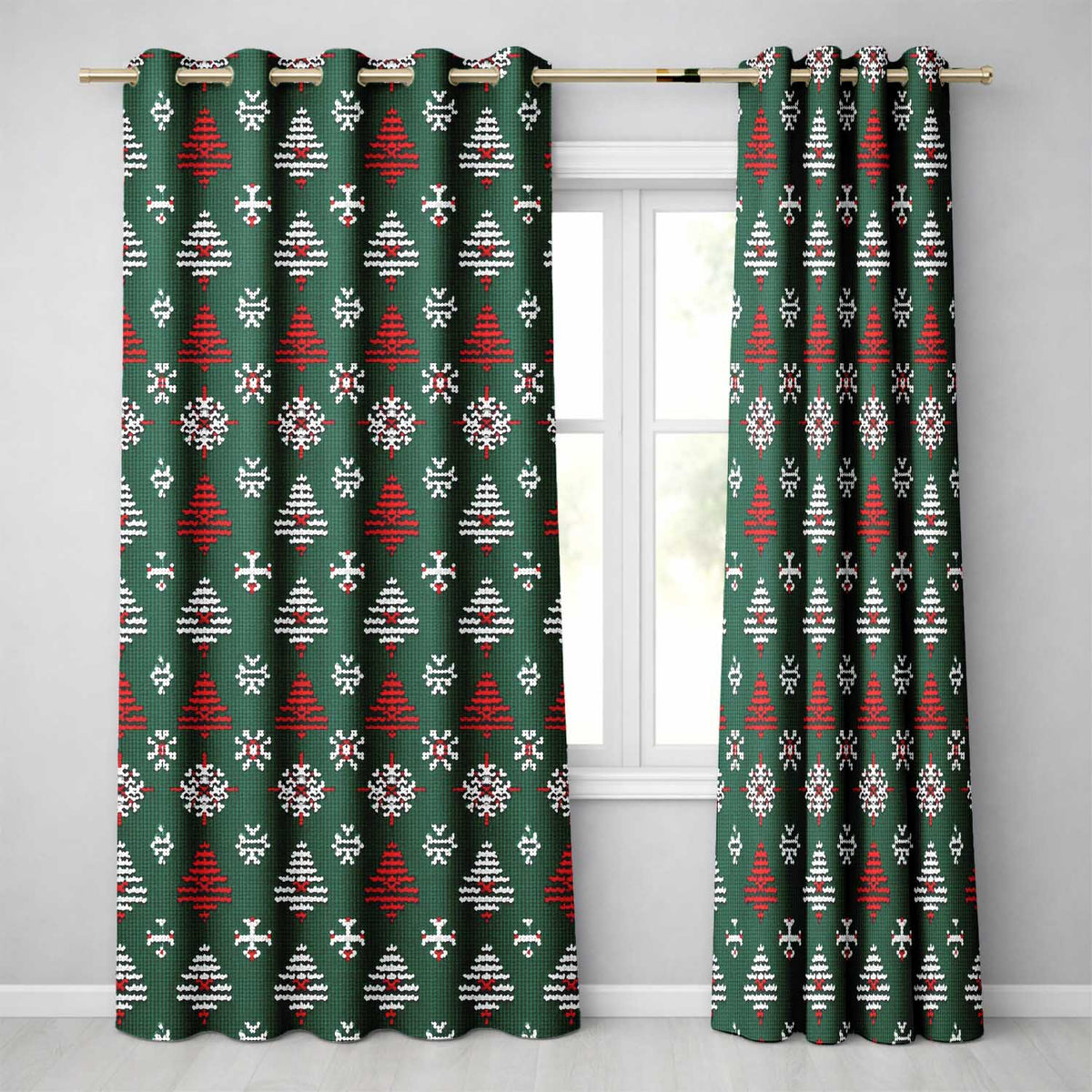 Cute Green Knitted Christmas Tree Reindeer Snowflake Nordic Seamless Pattern  Readymade Eyelet Ring Top Thermal 100% Blackout Curtains