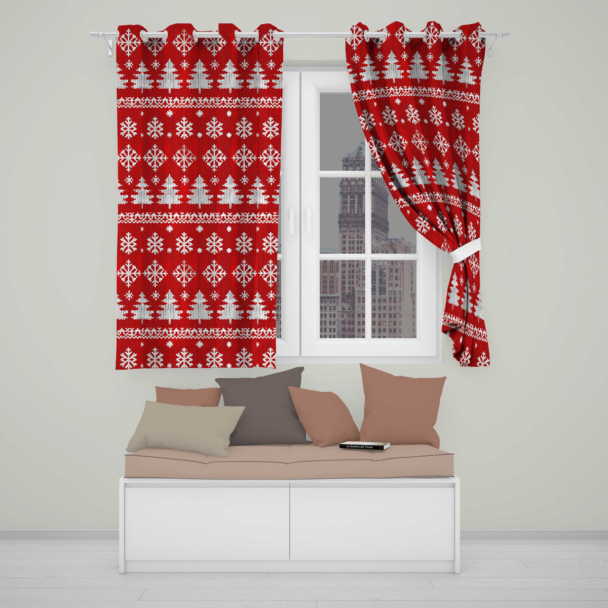 Cute Red Knitted Christmas Tree Snowflake Nordic Fair Isle Seamless Pattern  Readymade Eyelet Ring Top Thermal 100% Blackout Curtains
