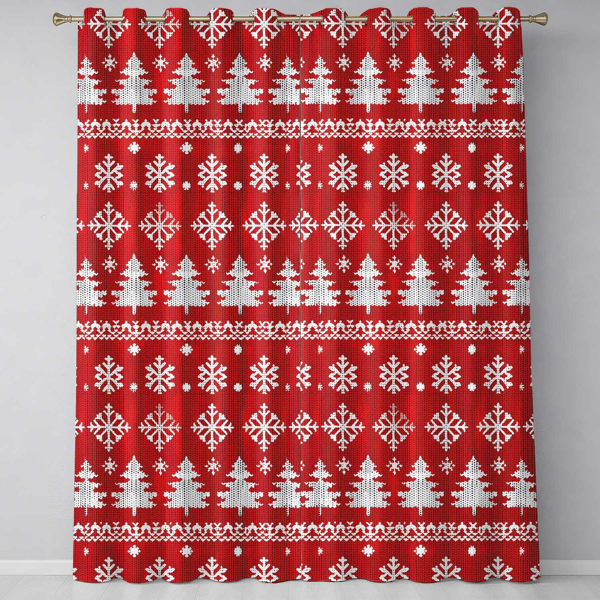 Cute Red Knitted Christmas Tree Snowflake Nordic Fair Isle Seamless Pattern  Readymade Eyelet Ring Top Thermal 100% Blackout Curtains